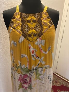 Yellow Anthropologie One September size small Floral Koi Print Halter Maxi Dress